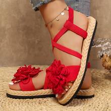 Elegantes sandalias planas florales para mujer, sandalias decoradas con grandes flores, zapatos planos casuales de punta abierta para todas las estaciones, sandalias ligeras y cómodas de est - Azul - Ver 6