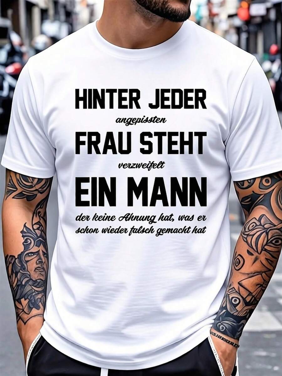 T-shirt da uomo taglie forti con scritta in tedesco divertente - Stampa geometrica audace con frase spiritosa, maglietta grafica bianca e nera, vestibilità ampia, abbigliamento casual da strada, per il comfort in tutte le stagioni, lavabile in lavatrice, design con frasi in tedesco per - Bianco - Visualizzare 1