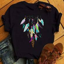 Modisches Feder-Traumfänger T-Shirt für Damen, Harajuku Grafik-T-Shirt, Damen Traumfänger T-Shirt, Kleidung Oberteile - Schwarz - Übersicht 5