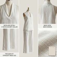 Conjunto de Dos Piezas de Lino Minimalista, Casual y Cómodo para Mujer, Top Halter sin Mangas con Cuello en V y Pantalones Anchos Holgados a Juego - Verde - Ver 7