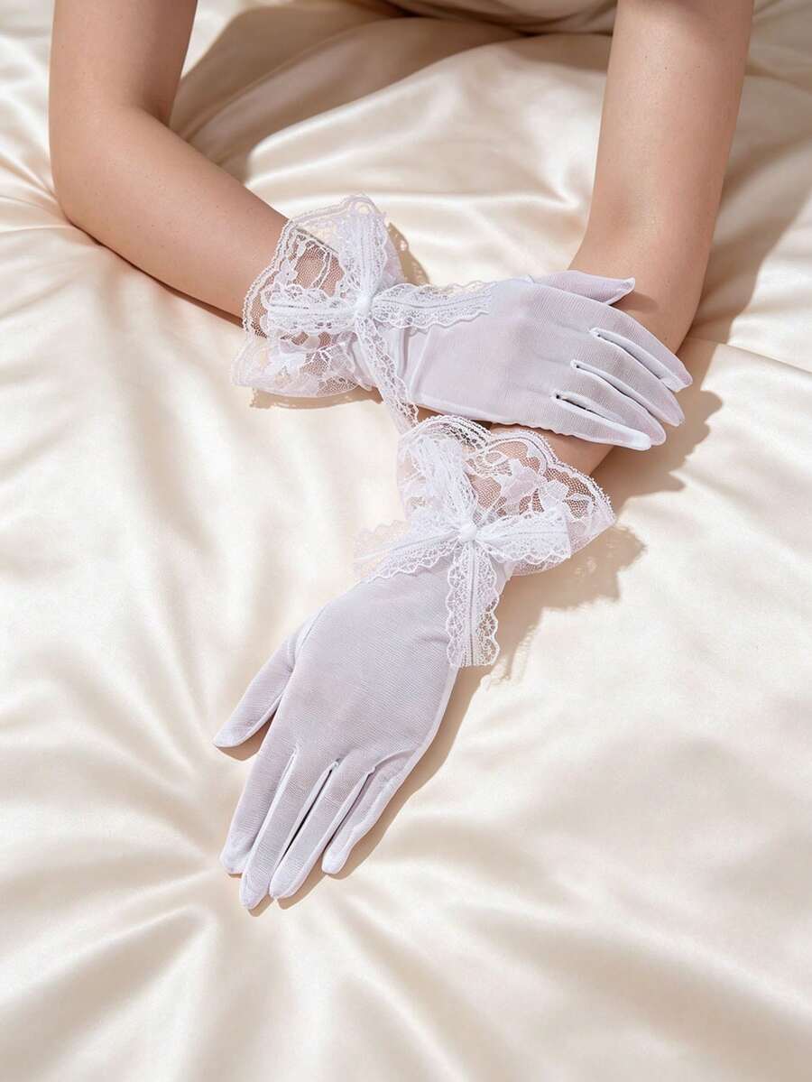 1雙蕾絲新娘手套，夏季輕盈透氣婚禮手套，女士白色蕾絲手套 - 白色 - 查看 1