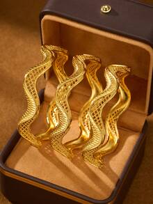 1/2/3pcs 24K Gold Plated Hand-Carved Shiny Sand Ripple Mesh Bracelet, 60mm Diameter Openable, Suitable For Women's Daily Wear, No Packaging Box - Gold - View 6