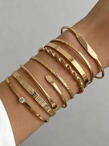 8pcs Minimalist Gold Women's Open Bangle Bracelet Set, Vintage Stackable Twisted Rope Engraved Rhinestone Bracelets, Everyday Layering Jewelry Gift - 8pcs/set - View 10