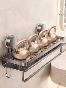 1pc Suction Cup Storage Rack, No Drilling Bathroom Storage Shelf, Aluminum Shower Basket - Wall Mounted Space-Saving Organizer, Can Hold Shampoo, Conditioner And Bath Products - A - View 2