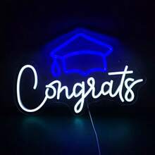 1件 Congrats Grad LED 霓虹燈牌 - USB供電可調光牆飾，畢業帽與香檳杯設計，手寫體燈光，適用畢業派對、居家辦公慶祝，耐用塑料材質，畢業裝飾，派對氛圍燈飾，工廠直供 - 藍色 - 查看 2