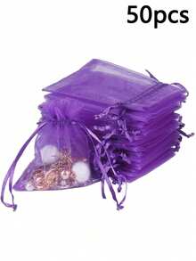 50pcs Organza Gift Bags, Jewelry Pouches, Small Net Bags With Drawstring For Jewelry, Wedding Favors, Bracelets, Small Gifts Packaging - Purple - View 10