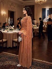 Shiny Elegant Pleated Cloak Robe, Fashion Reflective Fabric Evening Dress Fall - Brown - View 4