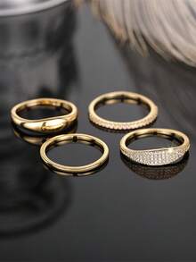4pcs Elegant Cubic Zirconia Rings, Suitable For Women To Wear, Suitable For Weddings, Engagements, Anniversary Parties, Valentine's Day Gifts - Yellow Gold - View 3