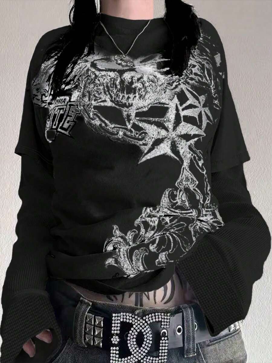 Camiseta casual de manga larga con cuello redondo y estampado de nicho personalizado, estilo gótico Y2K de moda para mujer, primavera - Negro - Ver 1