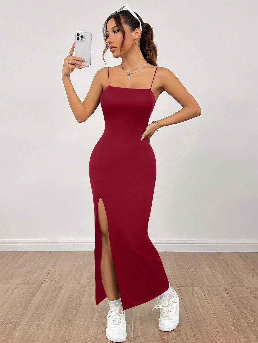 PETITE Vestido largo negro de mujer con correa de abertura alta y unicolor - Blanco - Ver 1