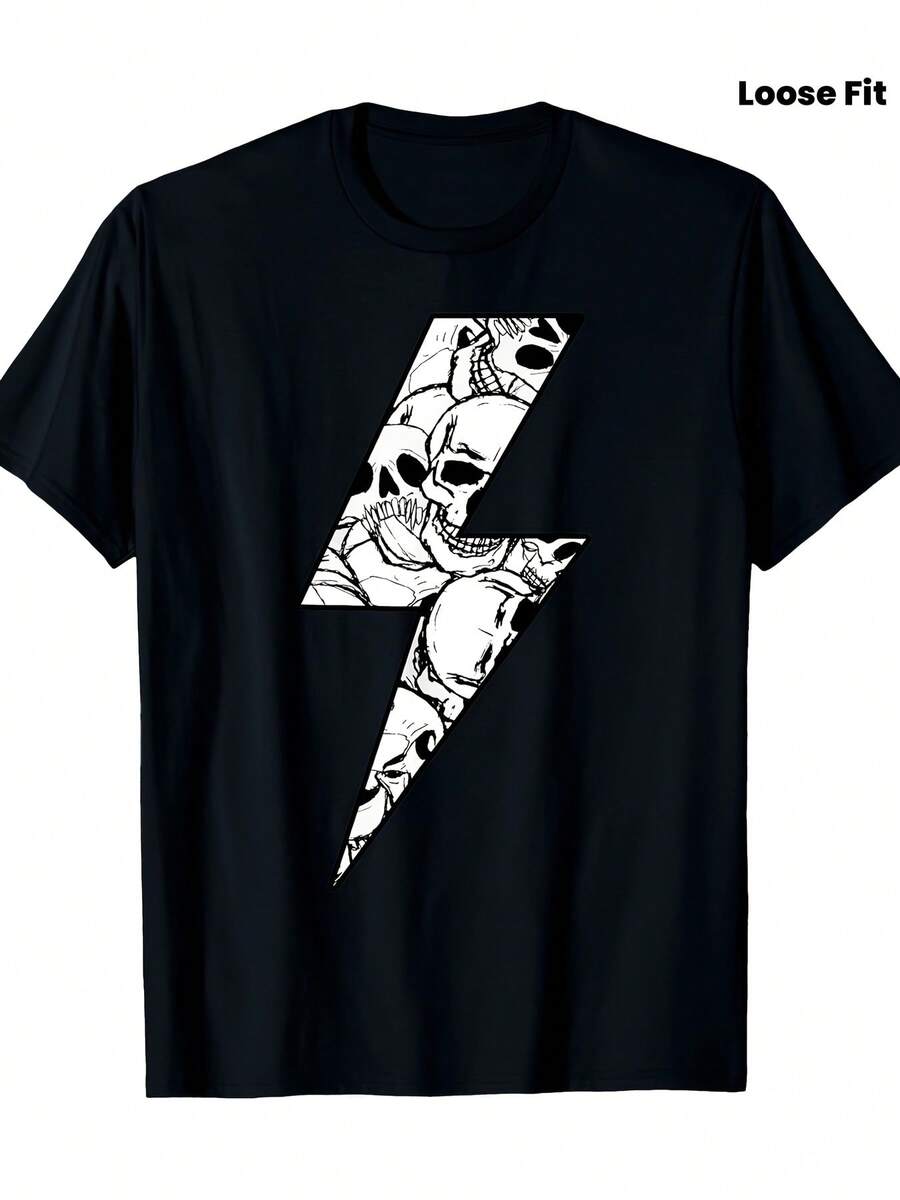 Camiseta de hombre con estampado de calavera y rayo, transpirable, de corte holgado, cuello redondo, color negro con estampado de calavera y rayo blanco, lavable a máquina, camisa casual de - Negro - Ver 1