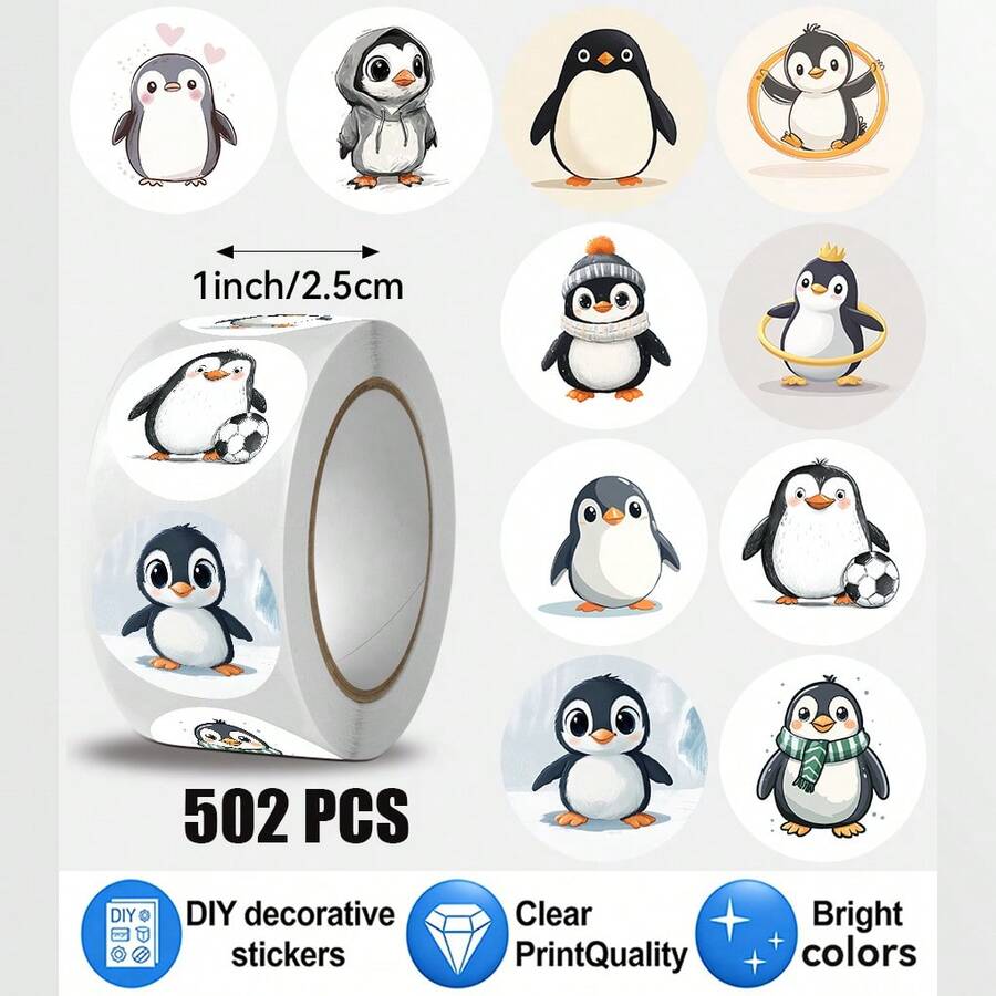 502pcs/Roll, Cheerful Little Penguin Pattern Stickers, Christmas. 10 Different Patterns. Suitable For Gift Wrapping Labels, Water Bottle Decoration. Scrapbook Decoration, Gift Wrapping Decoration, Scrapbook Stickers And Other Favorite Product Decoration Stickers. - Multicolor - View 1