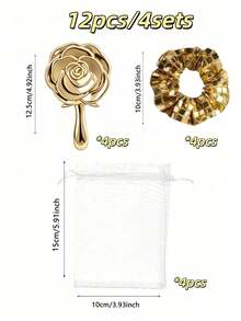 8/4/1 Set - Electroplated Gold Vintage Rose Makeup Mirror & Gold Disco Hair Scrunchie Set - Portable Folding Small Mirror, Hair Band, Storage Bag Styling Storage Set, Electroplated Gold Rose Hand Mirror, Gold Disco Hair Band, Gauze Storage Bag, Suitable As Gender Reveal Party Gift, Baby Shower Party Gift, Baby Party Theme, Birthday Gift, Wedding Gift, Guest Favor, 2026 New Year Party Set - Gold - View 9