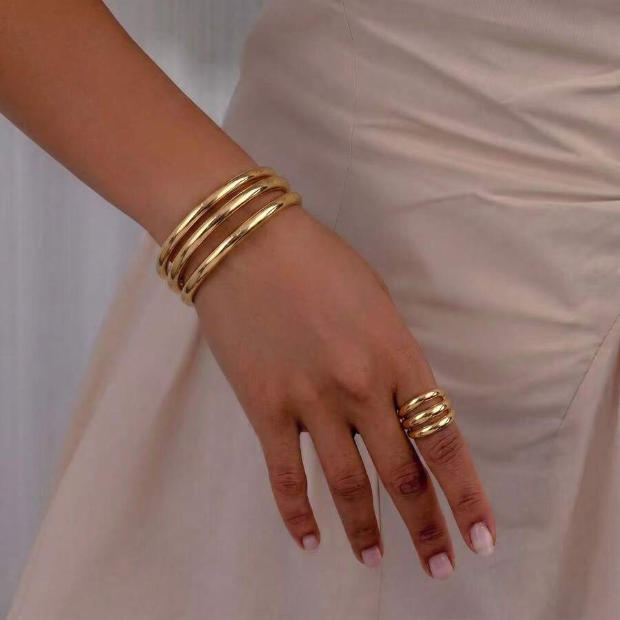 2pcs/Set Fashion Triple-Line Tubular Polished Metal Open Bangle & Ring Jewelry Set, Suitable For Women's Daily Wear And Party Use - Gold - View 1