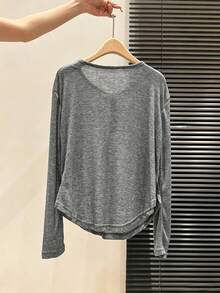 Comfortable Women's Long Sleeve Henley Shirt, Grey Polyester High Elasticity T-Shirt, Casual Regular Fit, Suitable For Daily Wear - Grey - View 7