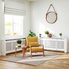 Set Of 2 MDF Extendable Radiator Cover With Cabinet Shelving, Home Office Slatted Design, White 139-208.5L X 20.5W X 82.5H - 1 - 查看 8