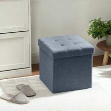 Foldable Sherpa Fleece Storage Ottoman - Blue - 1 - View 7