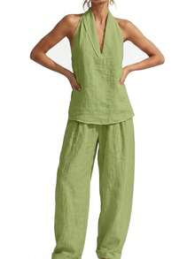 Conjunto de Dos Piezas de Lino Minimalista, Casual y Cómodo para Mujer, Top Halter sin Mangas con Cuello en V y Pantalones Anchos Holgados a Juego - Verde - Ver 9