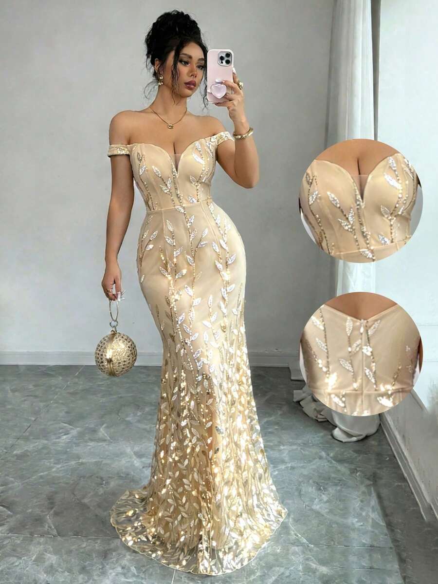 Elenzya Vestido de sirena ajustado con hombros descubiertos, de malla y lentejuelas elegante para mujer - Negro - Ver 1
