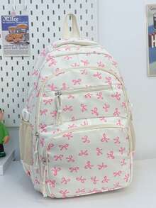 New Semester Student Backpack; Bow Print Backpack, Suitable For Elementary And Middle School Students - White - View 5