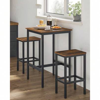 Mesita de Bar , Mesa Alta Cuadrada, Estructura de Acero, 60 x 60 x 92 cm, Cocina, Sala de Estar, Estilo Industrial, Negro Ébano y Negro