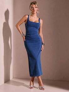 Vestido de mezclilla sin mangas de unicolor y estilo casual para uso diario de mujeres - Azul lavado medio - Ver 1