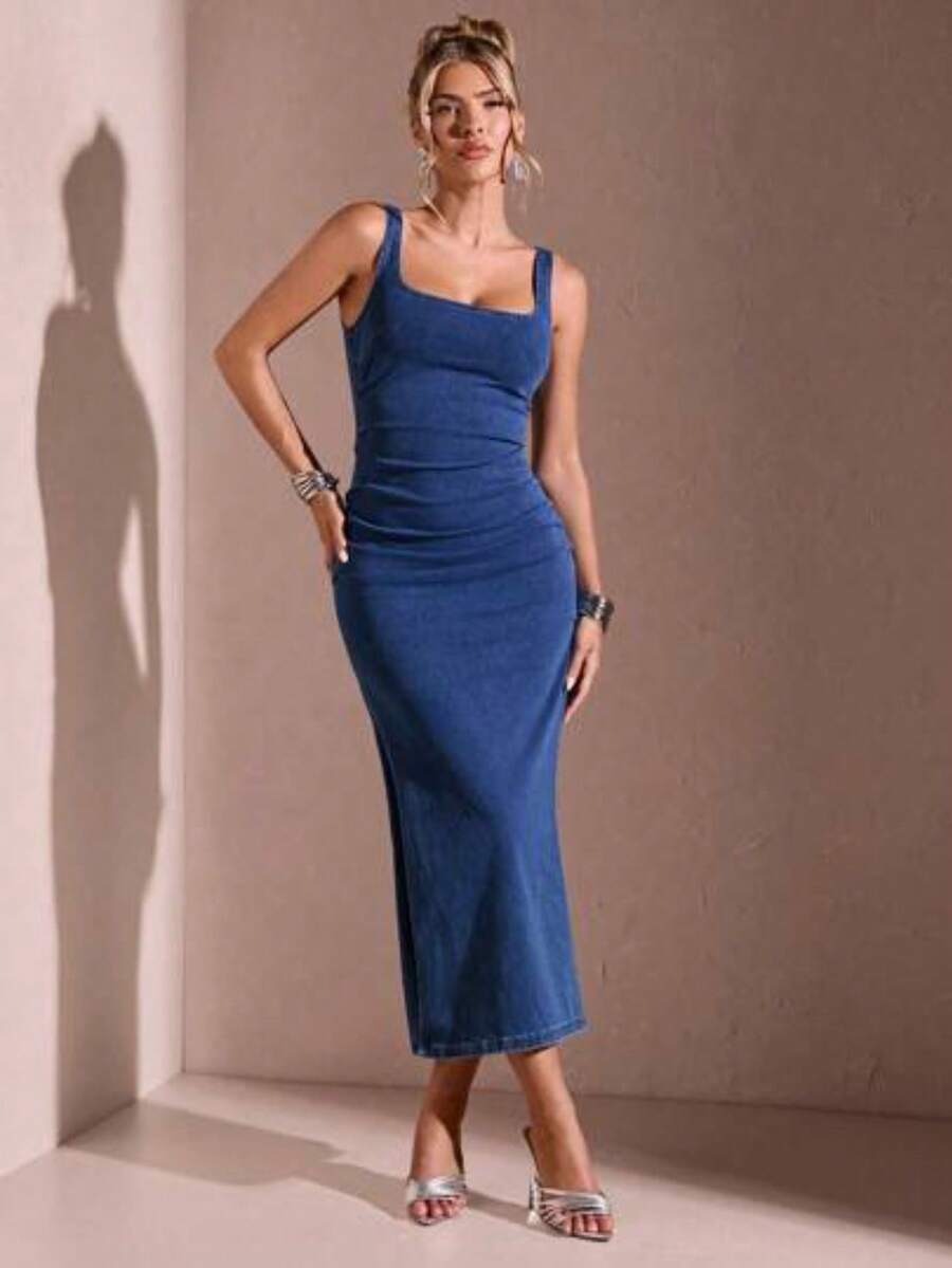 Vestido de mezclilla sin mangas de unicolor y estilo casual para uso diario de mujeres - Azul lavado medio - Ver 1