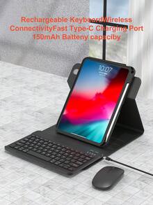Set Keyboard, Casing Pelindung, dan Mouse yang Dapat Berputar 360°, Kompatibel dengan iPad A16 Generasi ke-11/10/9/8/7/6/5, Air 10.9/11/10.5/9.7 Inci, dan Pro 11 (1/2/3/4); Dilengkapi dengan Slot Pensil Terintegrasi, Keyboard Nirkabel yang Dapat Dilepas (dengan Baterai 150mAh) dan Casing Pelindung Kulit PU - Hitam - Paket Keyboard Putar 360 Derajat Warna Hitam + Casing Pelindung + Mouse - View 4