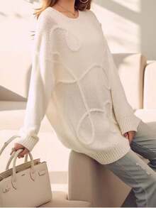 Women's Plus Size White Crew Neck Knit Sweater - Abstract Raised Texture Pullover Top With Drop Shoulder For Fall Winter Modern Chic Streetwear - Beige - View 3