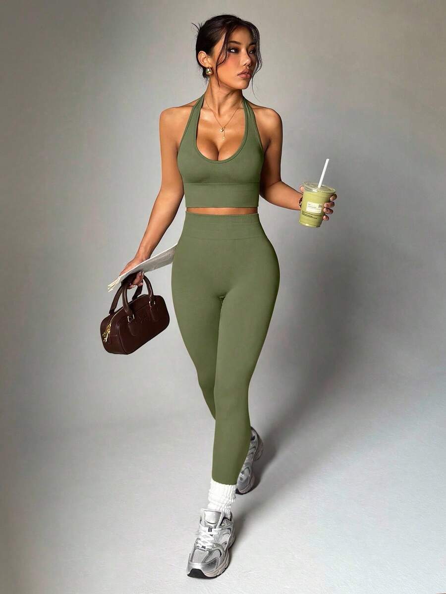Dewbera Women's Minimalist Solid Color Halter Top And Pants Sports Set For Everyday Wear - 綠色 - 查看 1
