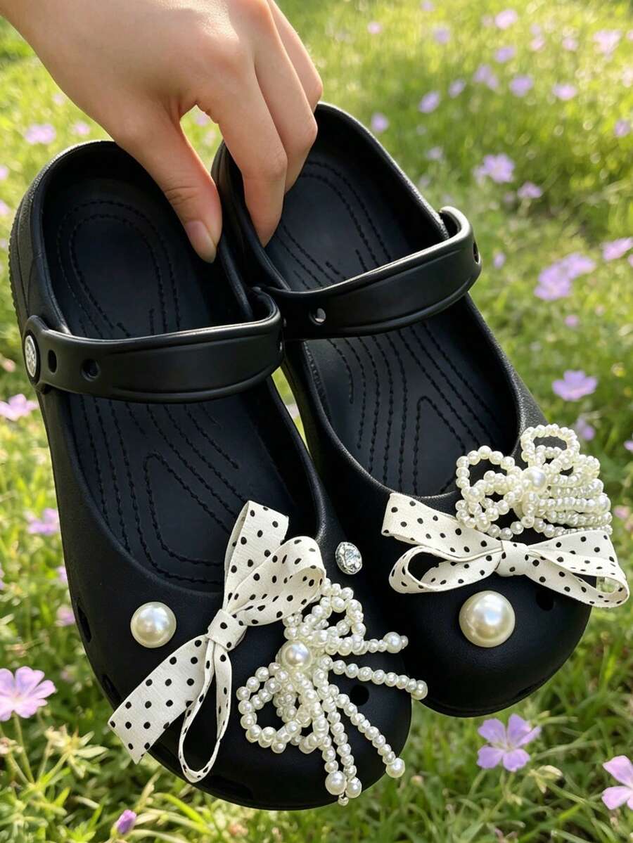 Light Luxury Elegant Ballet Style Polka Dot Bow Pearl Rhinestone 3D High-End Detachable DIY Snap Shoe Charms Accessories Niche Aesthetic Bow Pearl Compatible With Clogs