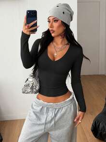 Women's Slim Fit V-Neck Blouse, Second Skin Shapewear, Versatile Elegant Casual Fashion - 黑白咖啡 - 查看 8