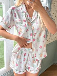 White Mixed Fruit Print Shirt Collar Short Sleeve & Shorts Pajama Set For Women - White - View 4