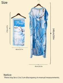 Women's Lightweight 2 Pieces Headscarf Set, Light Blue Watercolor Branch Print Long Satin Kaftan Robe + Matching Silk Scarf, Suitable For Spring, Summer, Autumn - Multicolor - View 2
