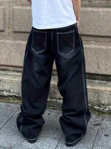 Men's Pocket Versatile Daily Casual Curved Leg Wide Leg Jeans - Black - View 3