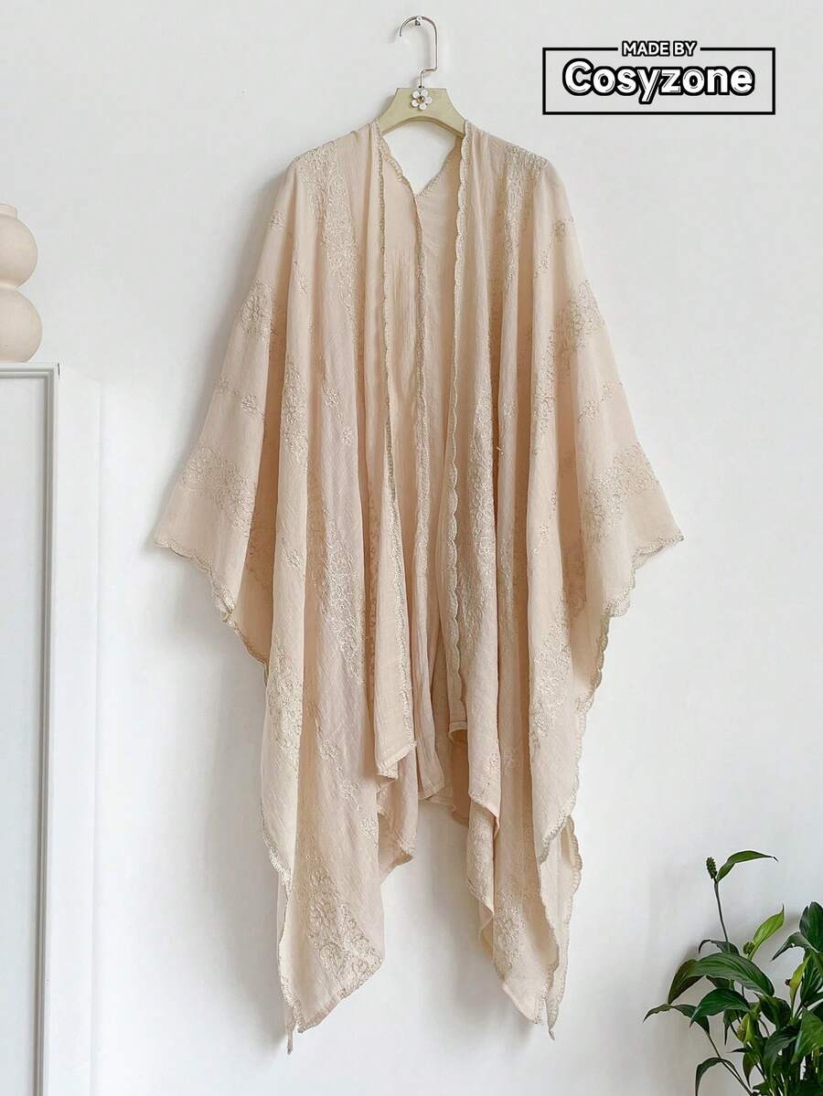 1件優雅花卉圖案波希米亞風刺繡開襟披肩女款和服式圍裙,春夏外穿沙龍,海灘度假防曬抗UV刺繡開襟衫,時尚百搭奢華裝飾,適合日常穿著,送禮首選 - 杏色 - 查看 1
