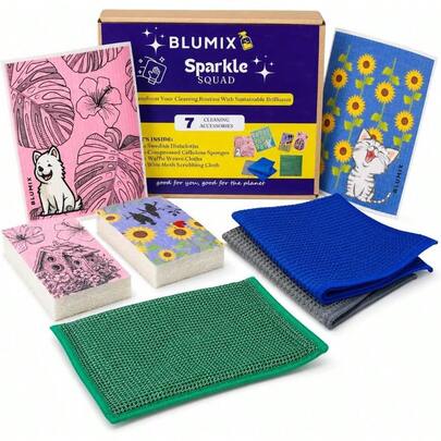 Kit de Limpieza Definitivo - Artículos: 2 Paños de Cocina Suecos, 2 Esponjas de Celulosa Comprimidas, 2 Paños de Limpieza de Vidrio, 1 Paño de Fregado de Malla (Sin Metal) Esenciales de Bajo Desperdicio, Basados en Plantas