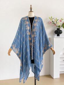1件優雅格紋花卉圖案波西米亞風刺繡開襟披肩女款和服式圍裙，春夏外穿防曬海灘度假刺繡開襟衫，時尚百搭奢華裝飾，適合日常搭配，禮品首選 - 藍色 - 查看 3