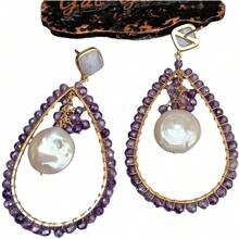 Pendientes de Lágrima Redondos de Amatista, Chapados en Oro, con Perla Blanca y Ágatas de Encaje Morado y Azul PWIGAAHTW - 1 - Ver 2