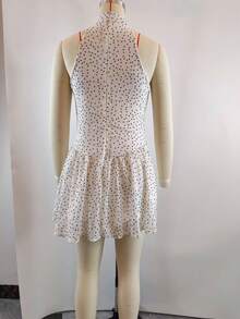 Sleeveless High Neck Polka Dot Mini Dress, Ruffle Hem, A-Line Silhouette Elegant Party Summer White - White - View 6