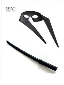2件組萬聖節面具套組,黑色面具眼罩附一鍵伸縮武士刀,Cosplay道具,派對裝扮配件,舞台惡搞表演道具 - 彩色 - 查看 9