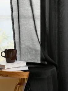 1pc Artificial Linen Semi-Transparent Sheer Curtain/Bedroom Living Room Privacy Sheer Curtain Versatile Breathable - Black - View 5