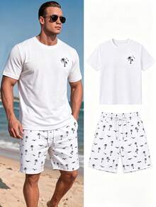 Conjunto de camiseta casual de cuello redondo y pantalones cortos de verano para hombre (ONLY 1  camiseta) RYWQ - Blanco - Ver 2