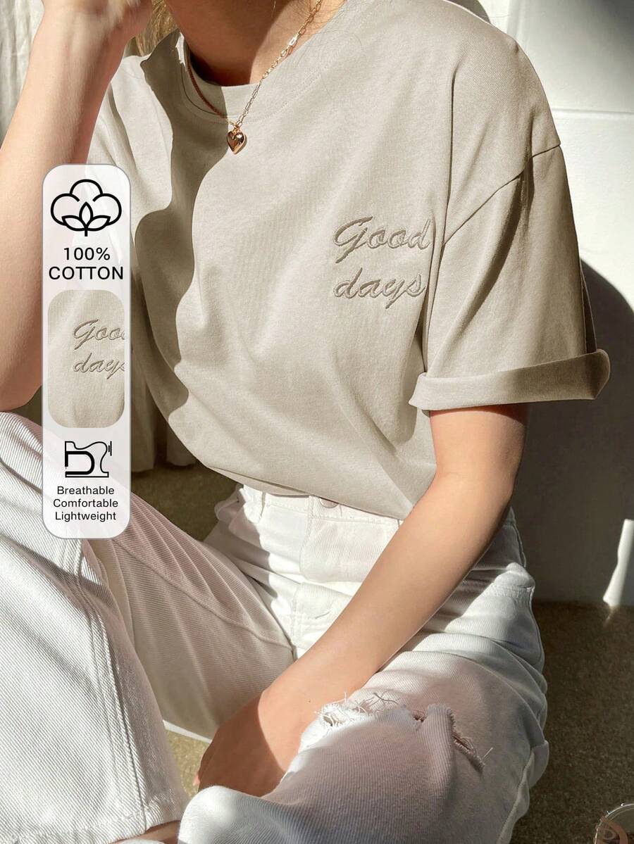 Off-The-Shoulder T-Shirt With Embroidered Lettering, Preppy Summer Style - Khaki - View 1