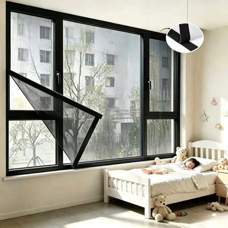 Cortina de ventana semitransparente negra, mosquitera mejorada, pantalla a prueba de insectos para ventana y puerta, malla de ventana, diseño autoadhesivo, instalación fácil sin perforación; múltiples tamaños disponibles - Ventanas mosquiteras - Ver 1