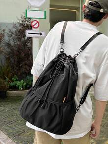 1pc (15.8in*13.8in*7.1in) Exquisite Men's Fashion Backpack, Large Capacity, Drawstring Bag, Pleated Bag, Multiple Pockets, Nylon Material That Is Scratch-Resistant And Wear-Resistant, Suitable For Shopping, Dating, Going Out To Parties, Commuting To Work, Adjustable Shoulder Straps For A Suitable Length, Simple, Casual And Cool Black Fashion Backpack. - Black - View 5
