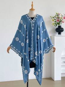 1件極簡優雅花卉圖案波希米亞風刺繡開襟披肩女款和服式圍裙 春夏外穿沙龍罩衫 海灘度假防曬防UV刺繡開襟衫 時尚百搭奢華裝飾款 適合日常搭配 送禮首選 - 藍色 - 查看 2