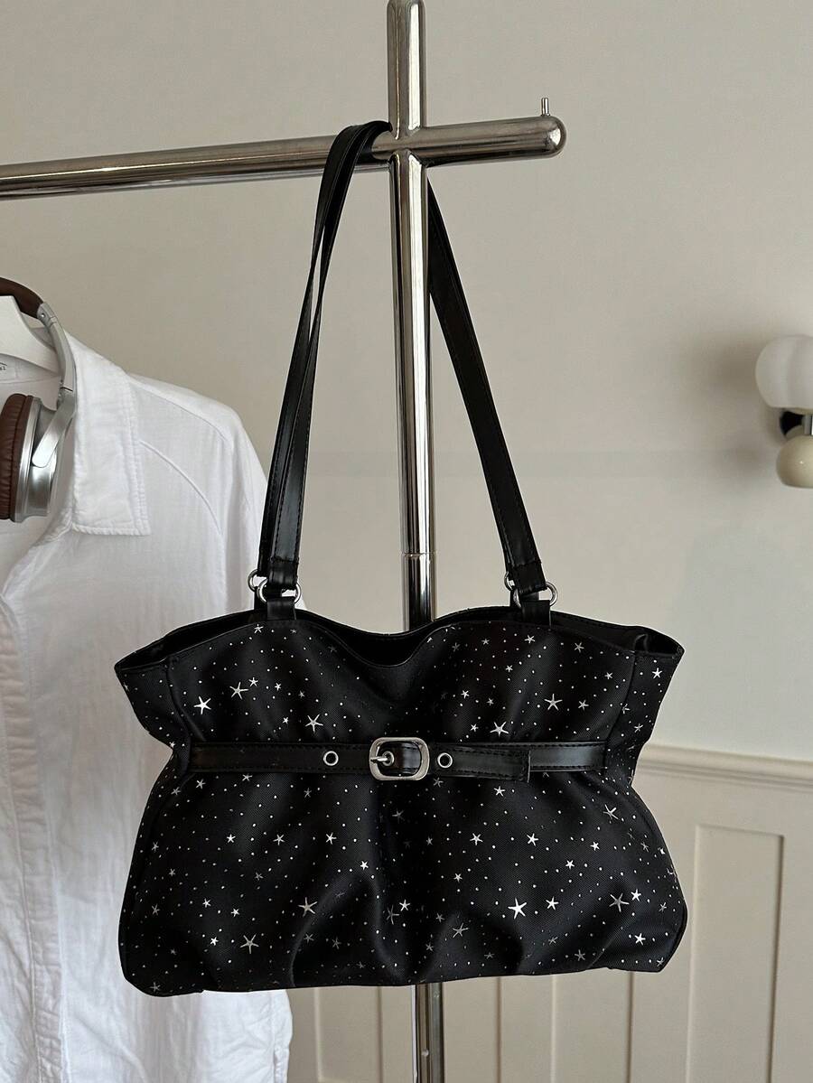 Star Print Ruched Tote Shoulder Bag, Silver Star Allover Fabric, Belt Buckle Waist Design, Large Capacity School & Work Handbag - Black - View 1
