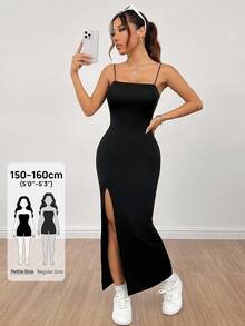 PETITE Vestido largo negro de mujer con correa de abertura alta y unicolor - Negro - Ver 1