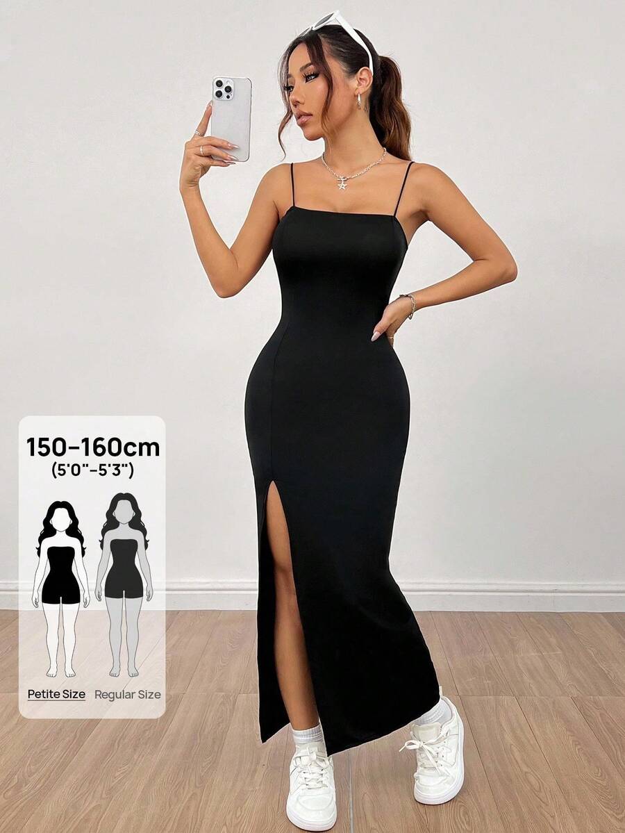 PETITE Vestido largo negro de mujer con correa de abertura alta y unicolor - Negro - Ver 1
